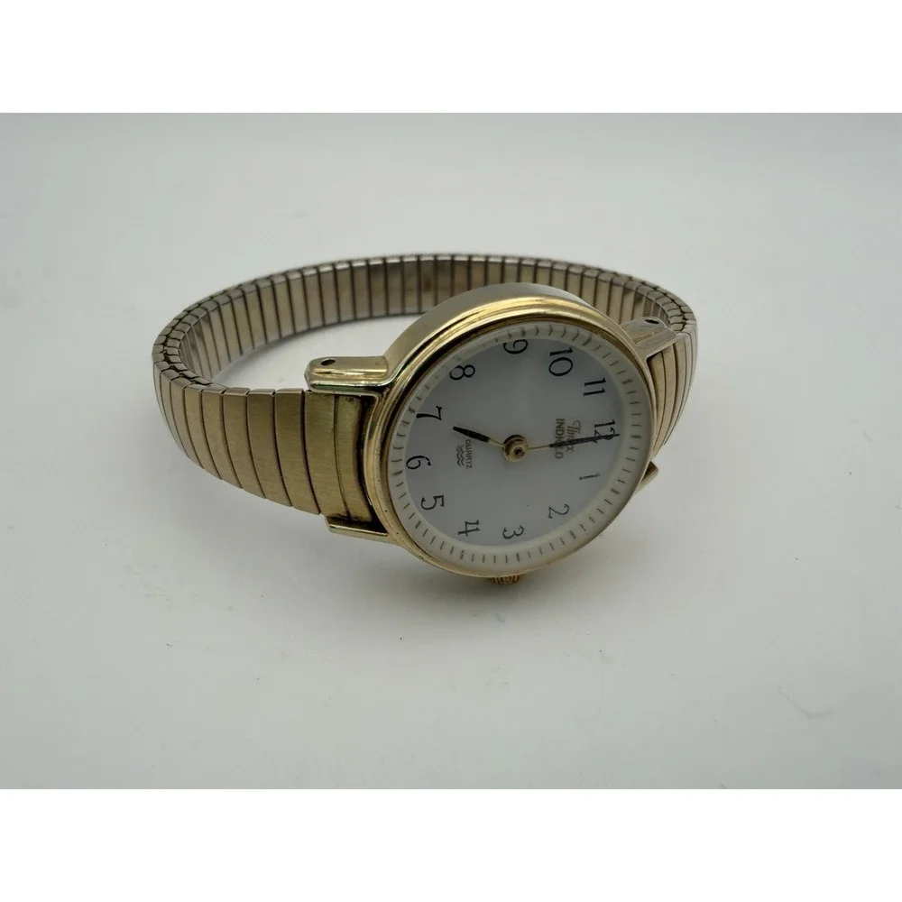90s Timex Indiglo Ladies Gold Tone Quartz Watch Expansion Bracelet White Dial